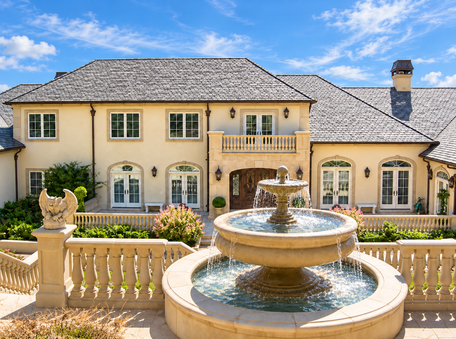 Enhanced view of a VMS Construction featured residence with a cascading fountain