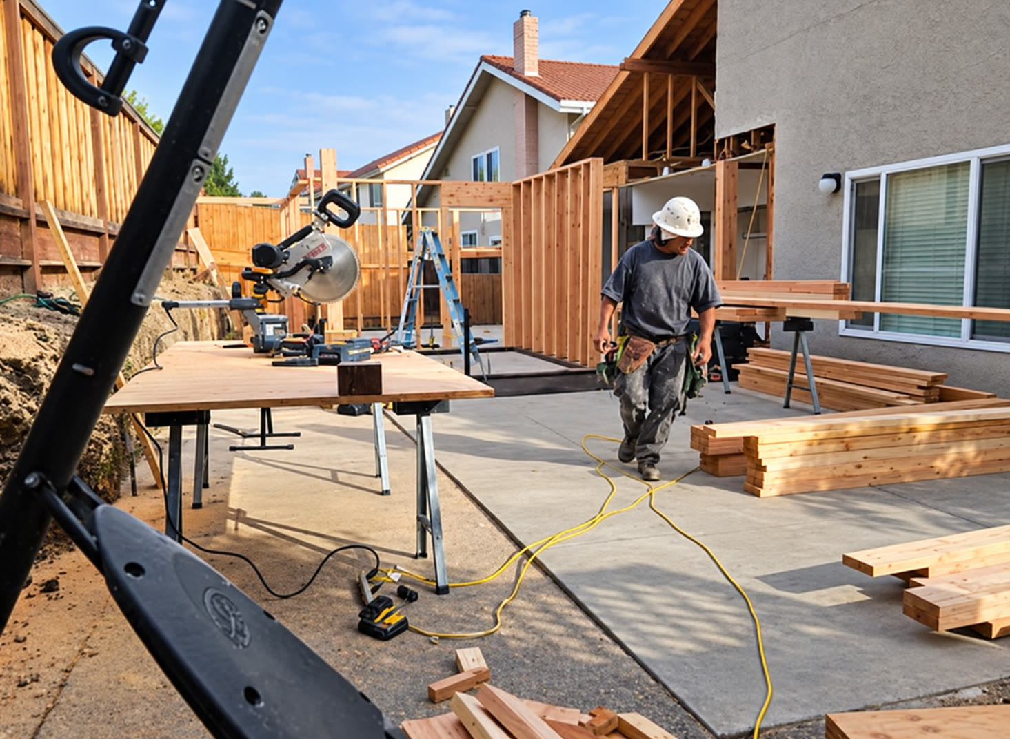 Carpenter and tools on a residential construction site