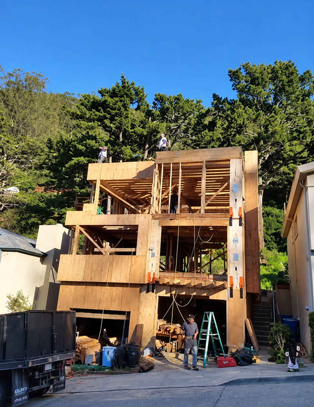 Multi-story residential framing during construction