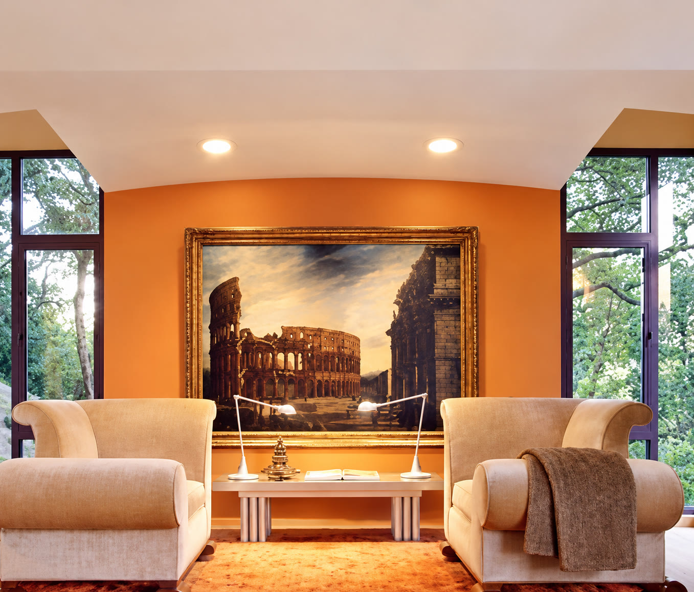 Warm-toned sitting area with an architectural feature wall