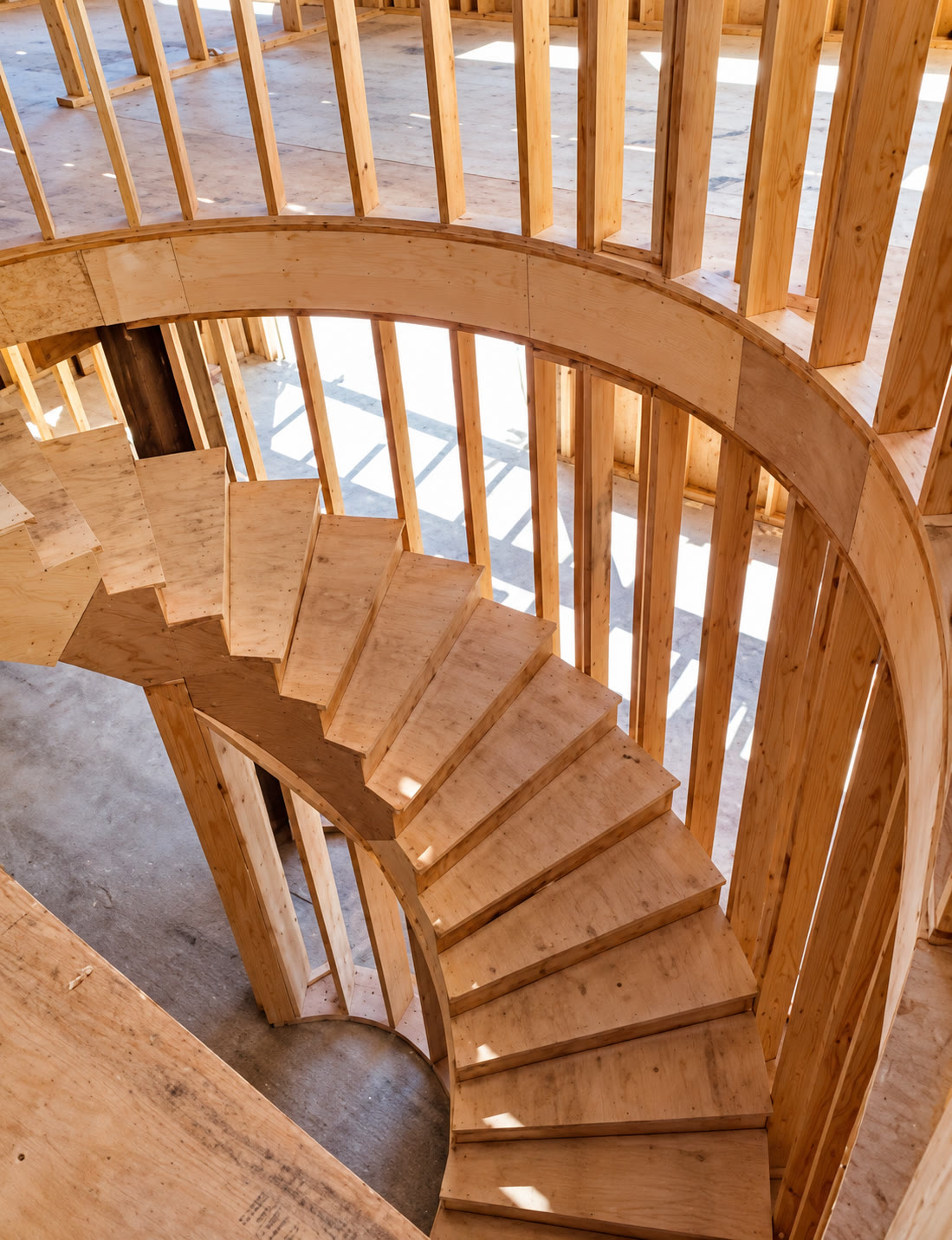 Curved staircase framing during construction