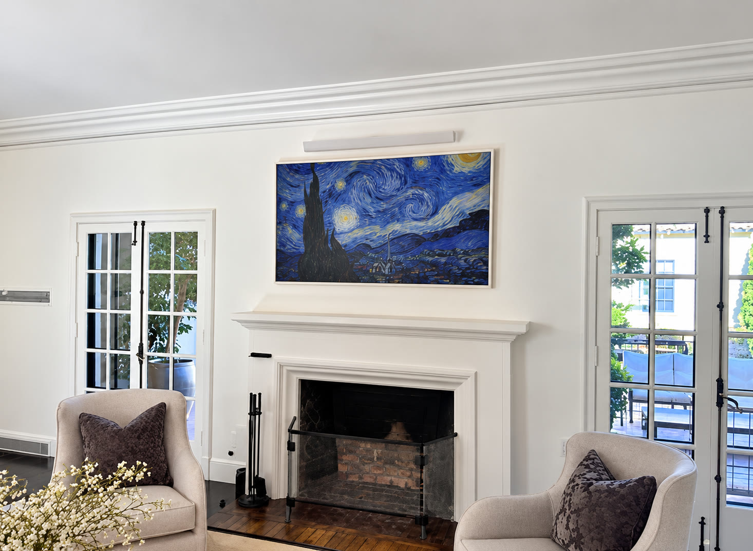 White fireplace surround, French doors and living-room details