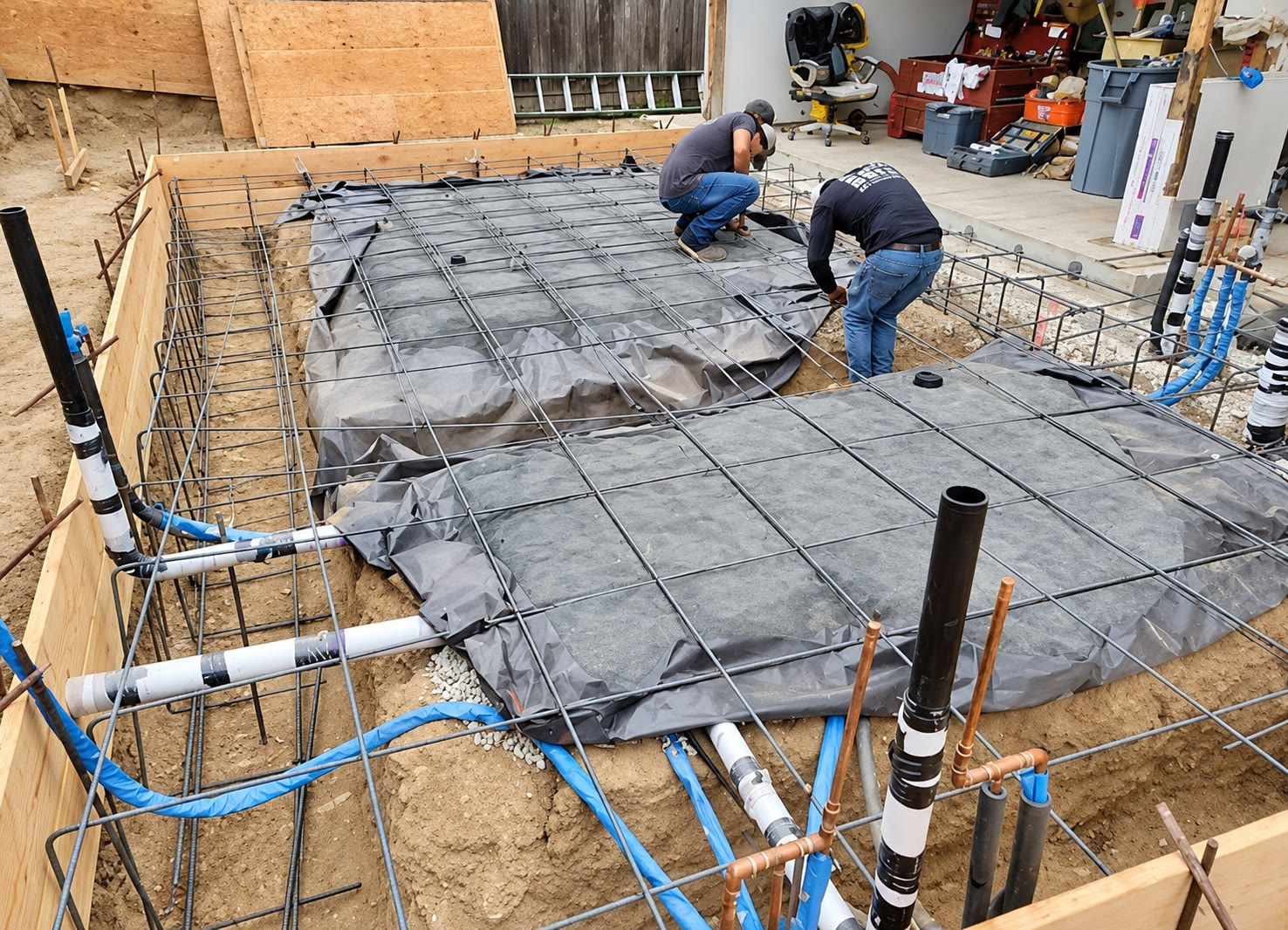 Workers installing foundation reinforcement and plumbing