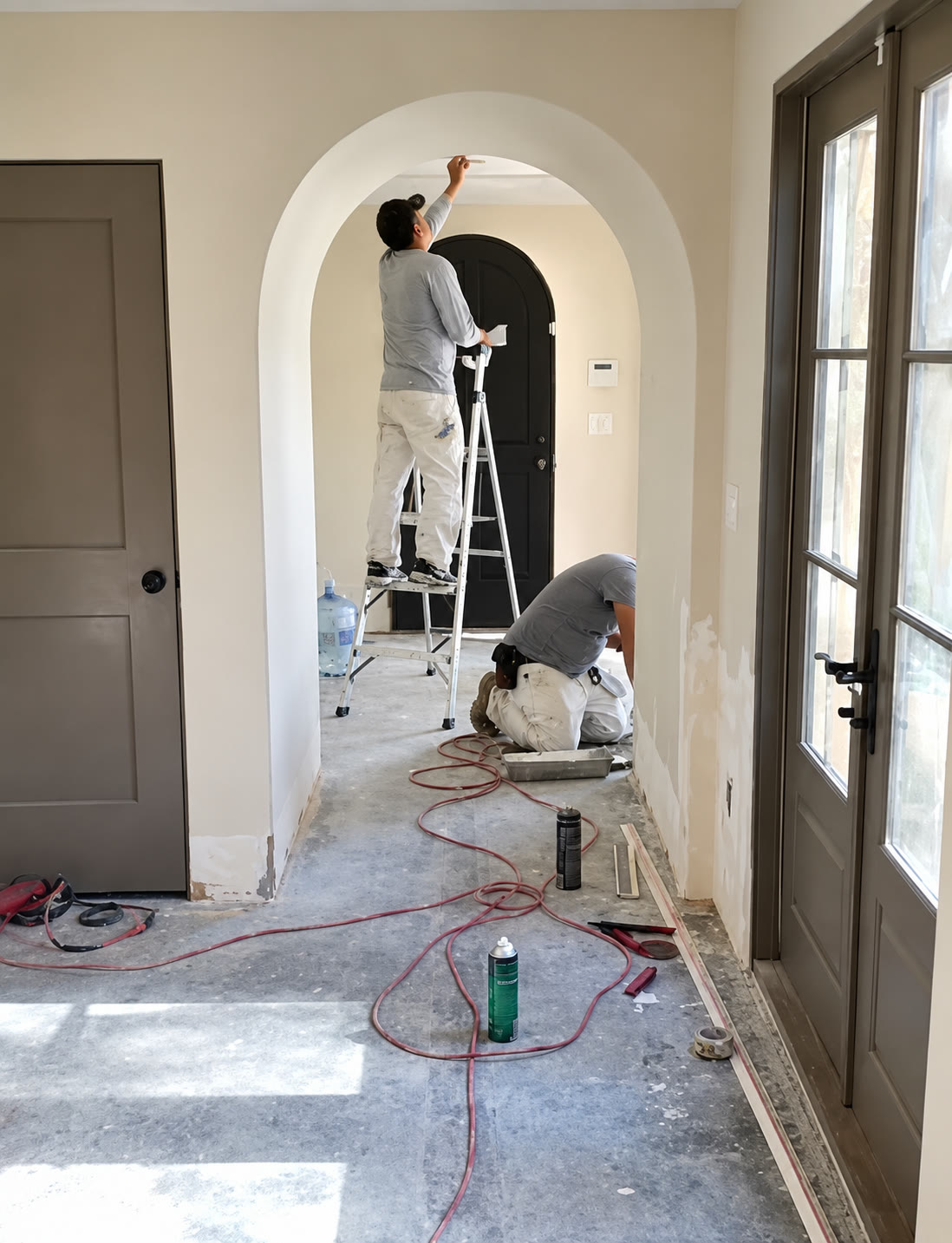 Workers finishing an arched interior hallway
