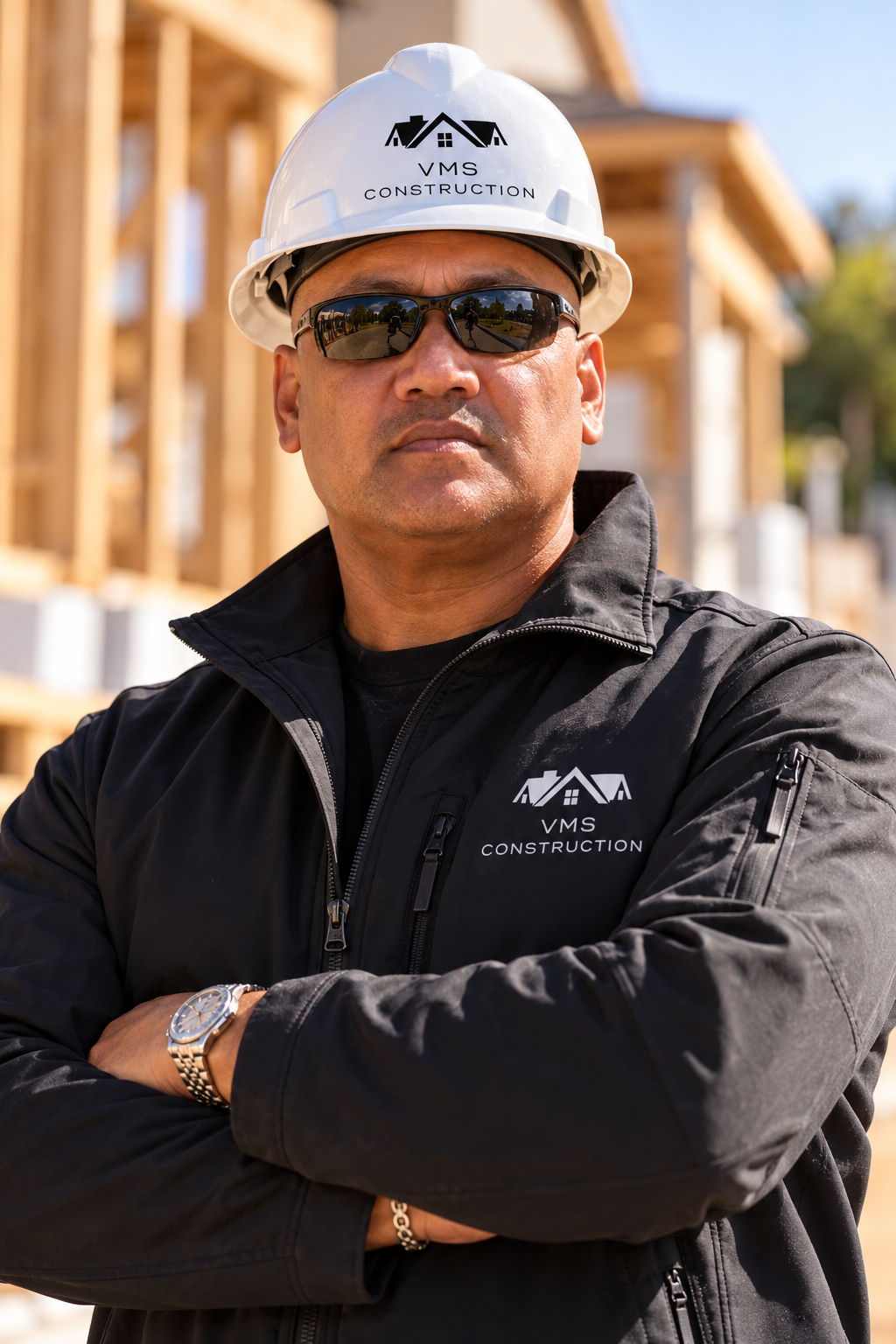 Victor Saravia, owner of VMS Construction, wearing a branded hard hat and jacket